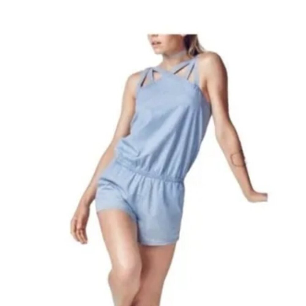NWT Fabletics Sz XL Adorable Liza Romper 100% Cotton Lt Blue Chambray Material